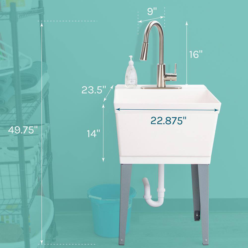 TEHILA Complete 23.5 in. x 22.875 in. White 19 Gal. Utility Sink Set with Stainless Steel Pull-Down Faucet