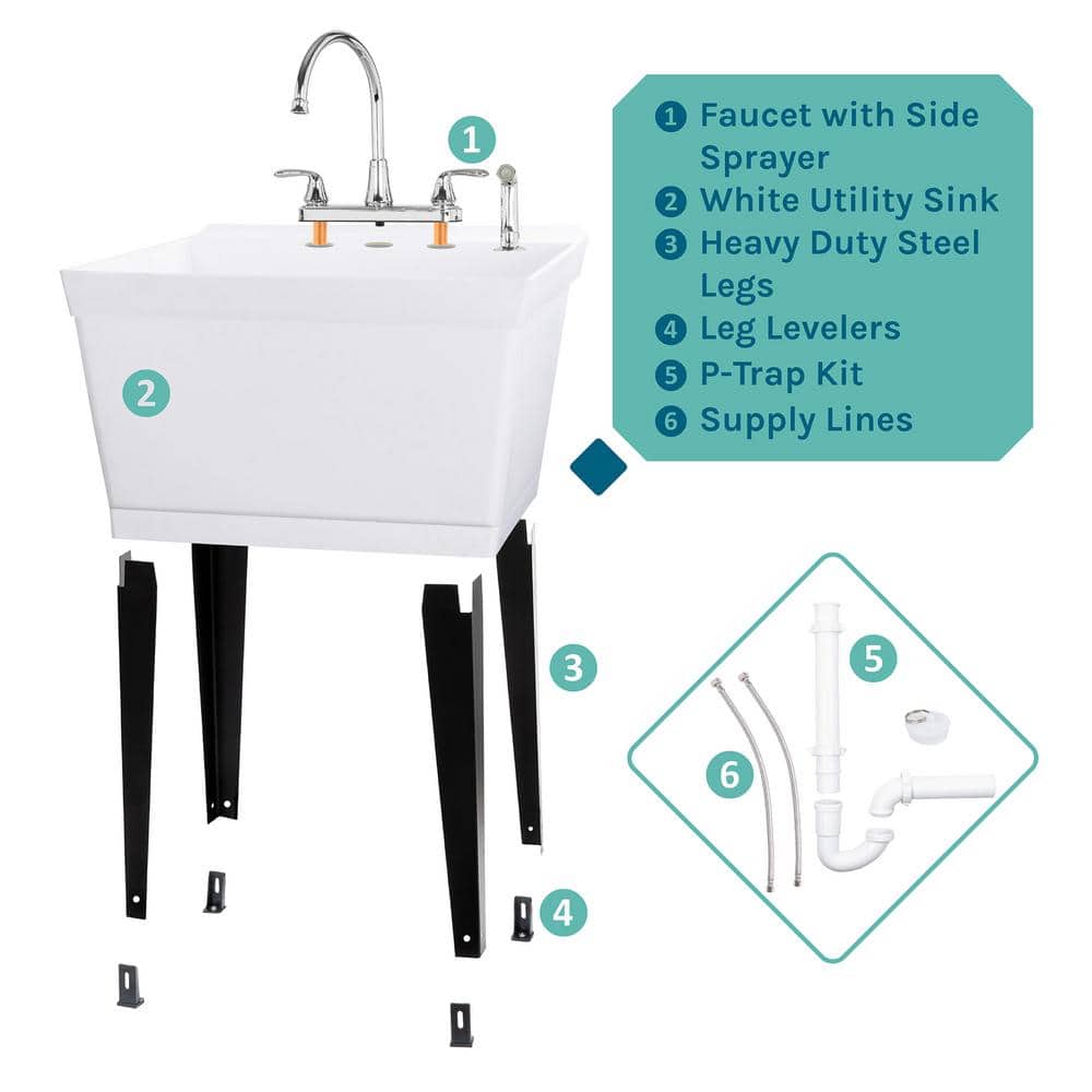 TEHILA Complete 22.875 in. x 23.5 in. White 19 Gal. Utility Sink Set with Chrome Faucet and Side Sprayer