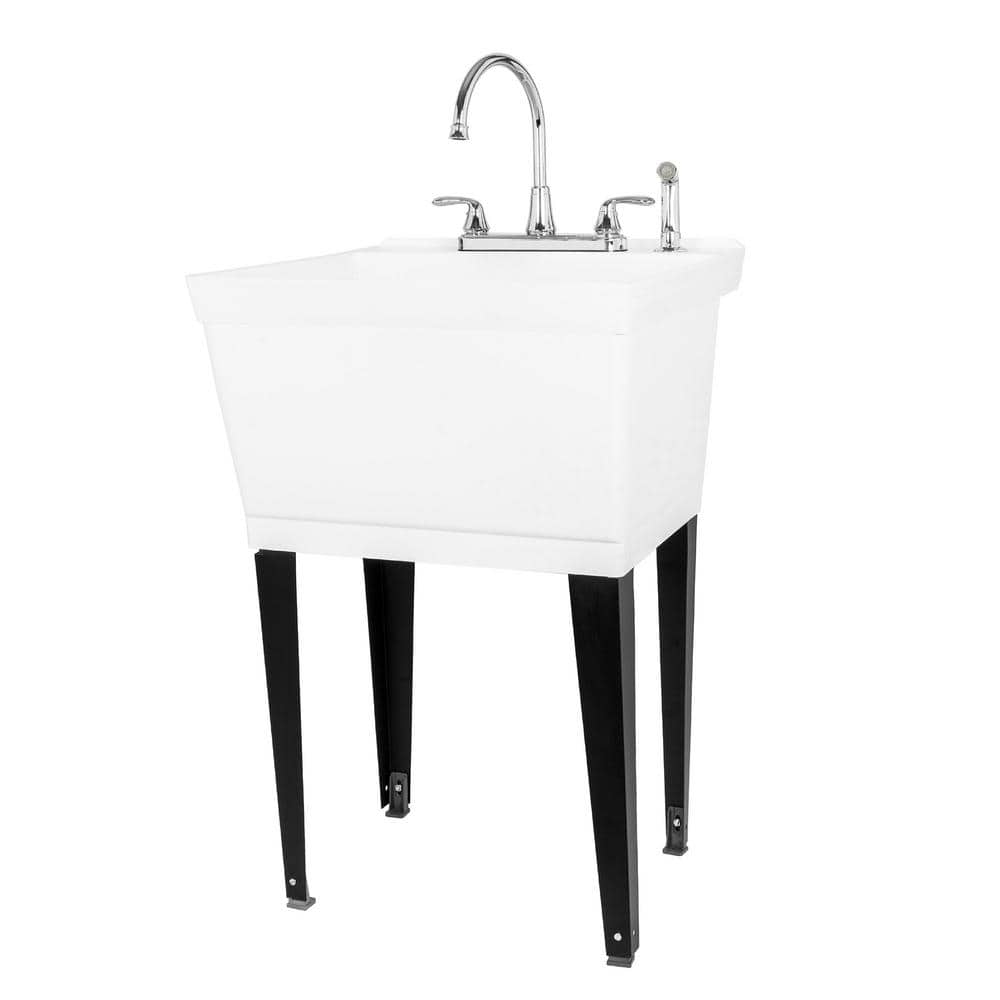 TEHILA Complete 22.875 in. x 23.5 in. White 19 Gal. Utility Sink Set with Chrome Faucet and Side Sprayer