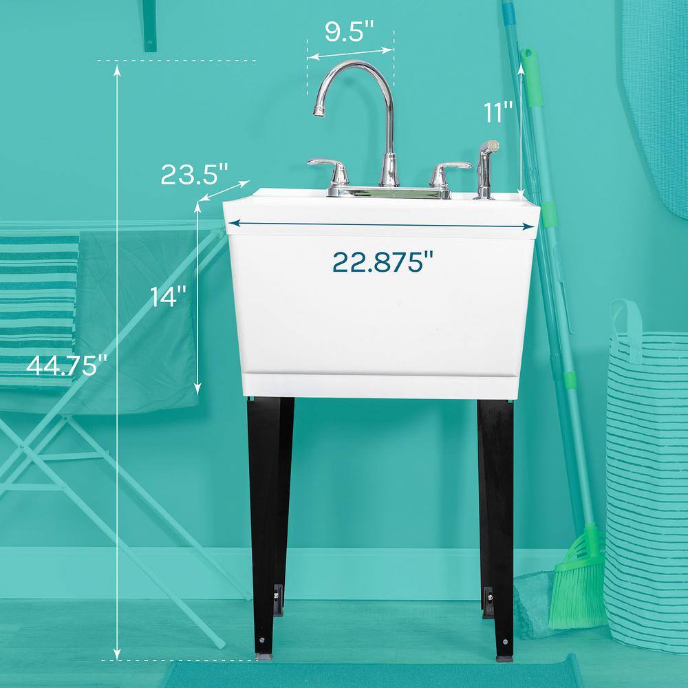 TEHILA Complete 22.875 in. x 23.5 in. White 19 Gal. Utility Sink Set with Chrome Faucet and Side Sprayer
