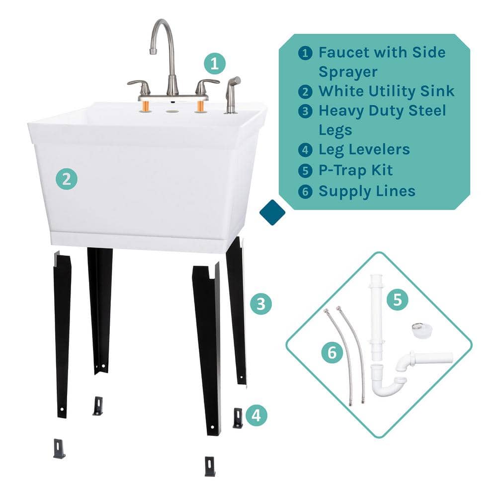 TEHILA Complete 22.875 in. x 23.5 in. White 19 Gal. Utility Sink with Metal Hybrid Stainless Steel Faucet and Side Sprayer