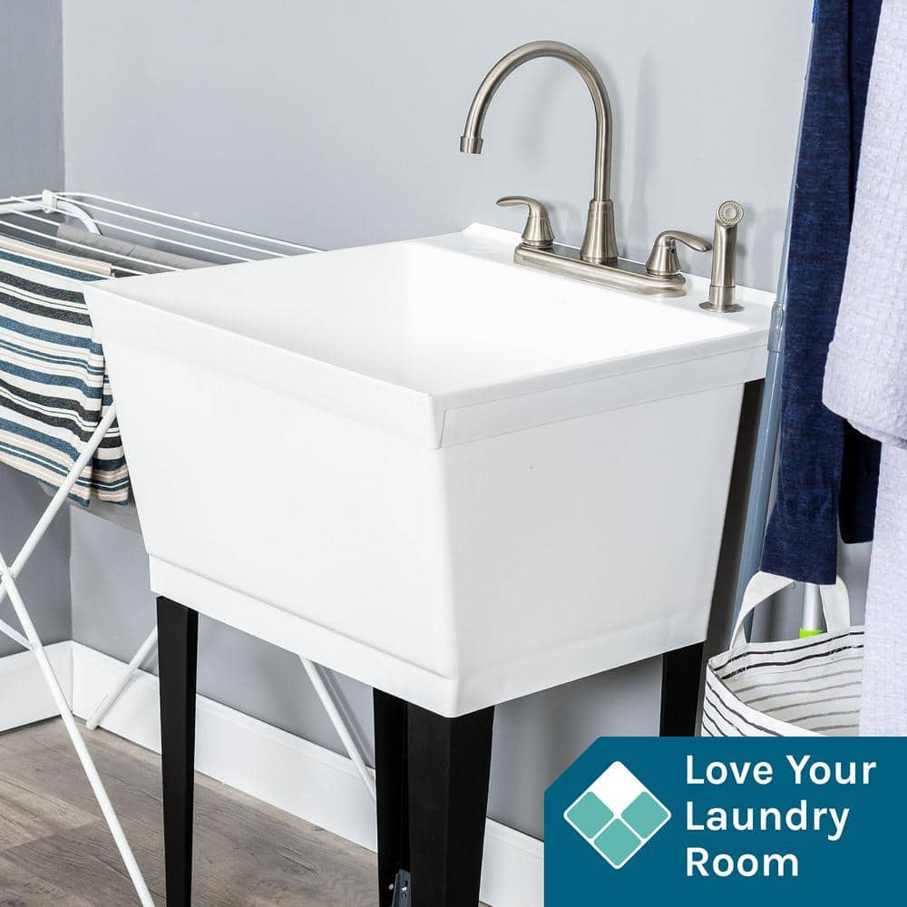 TEHILA Complete 22.875 in. x 23.5 in. White 19 Gal. Utility Sink with Metal Hybrid Stainless Steel Faucet and Side Sprayer
