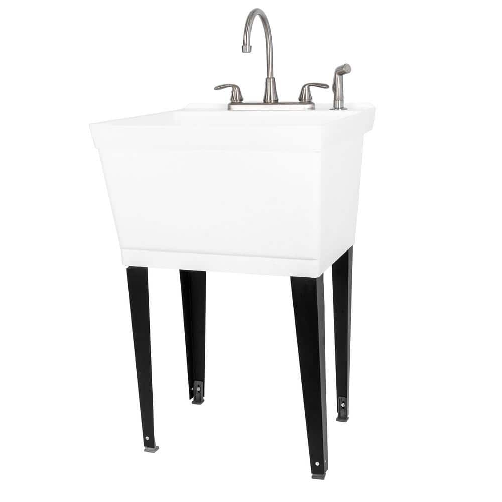 TEHILA Complete 22.875 in. x 23.5 in. White 19 Gal. Utility Sink with Metal Hybrid Stainless Steel Faucet and Side Sprayer