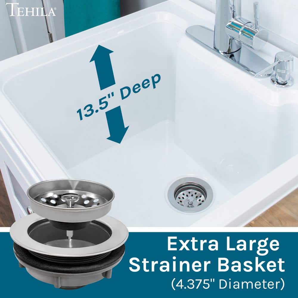TEHILA 18 Gallon Thermoplastic Freestanding Laundry Sink with Chrome Faucet and White Cabinet