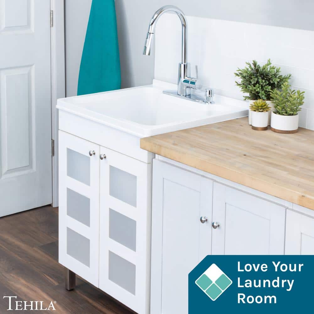 TEHILA 18 Gallon Thermoplastic Freestanding Laundry Sink with Chrome Faucet and White Cabinet
