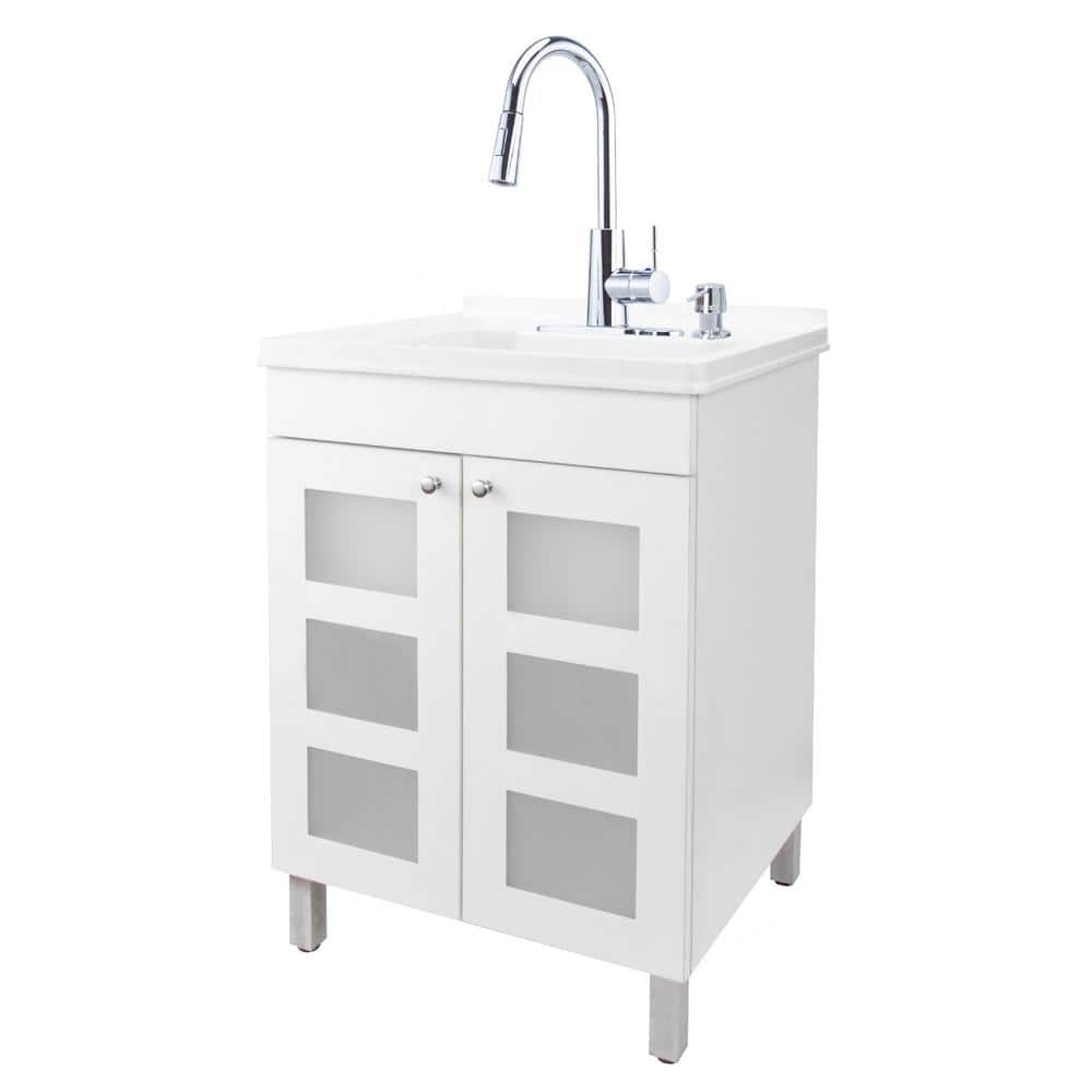 TEHILA 18 Gallon Thermoplastic Freestanding Laundry Sink with Chrome Faucet and White Cabinet