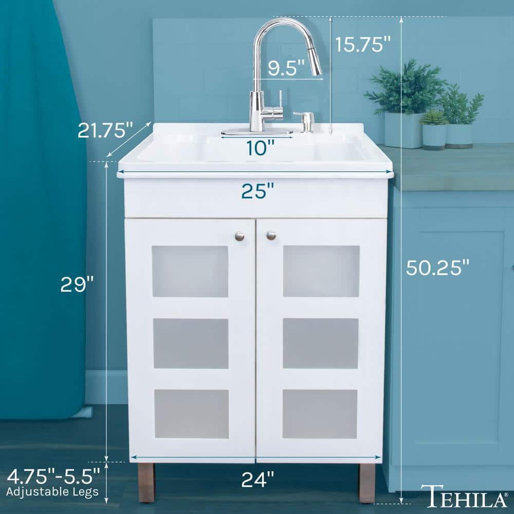 TEHILA 18 Gallon Thermoplastic Freestanding Laundry Sink with Chrome Faucet and White Cabinet