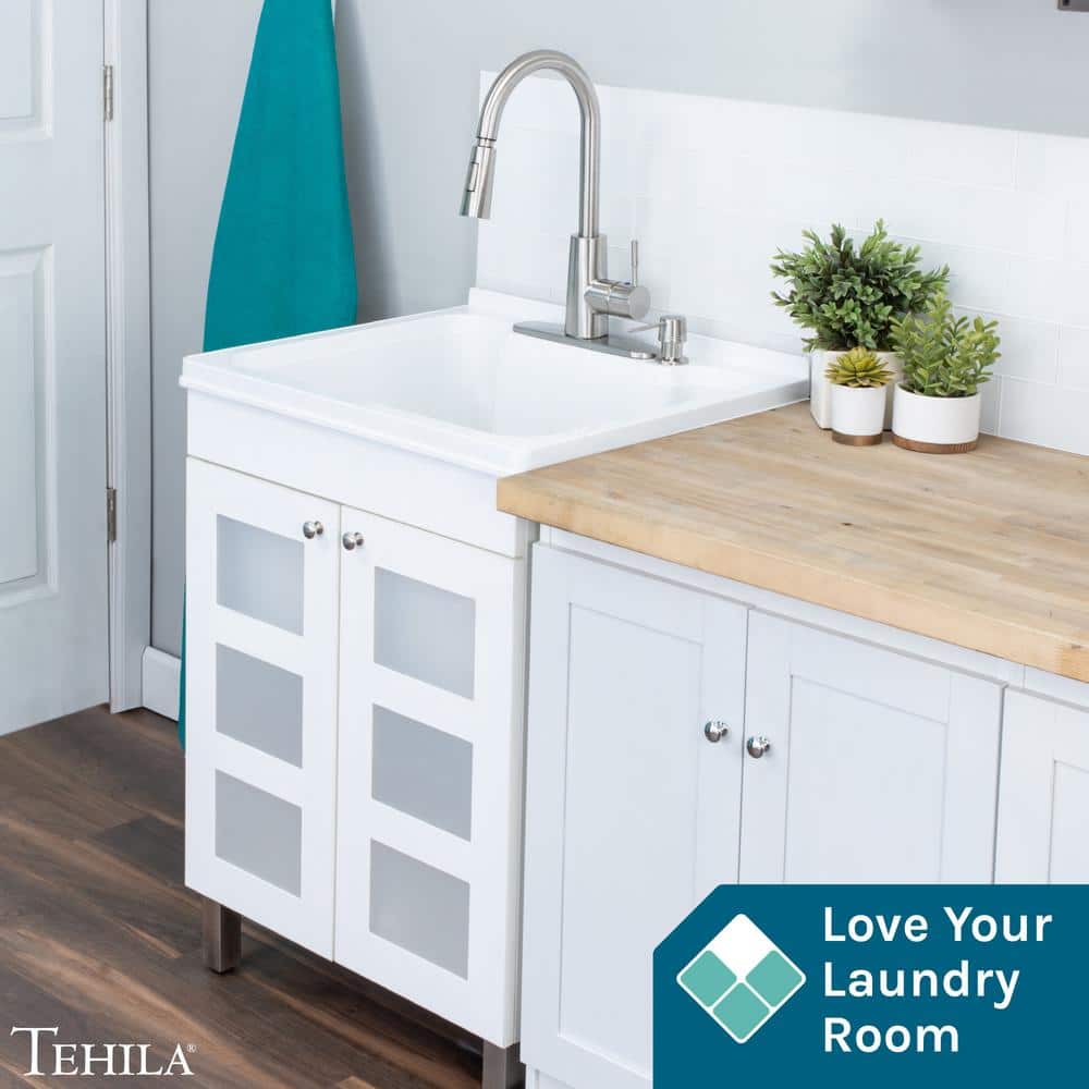 TEHILA Thermoplastic Freestanding Utility Sink with Stainless Faucet & White Cabinet
