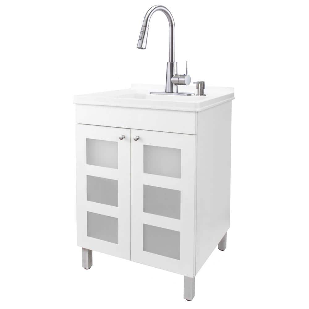 TEHILA Thermoplastic Freestanding Utility Sink with Stainless Faucet & White Cabinet