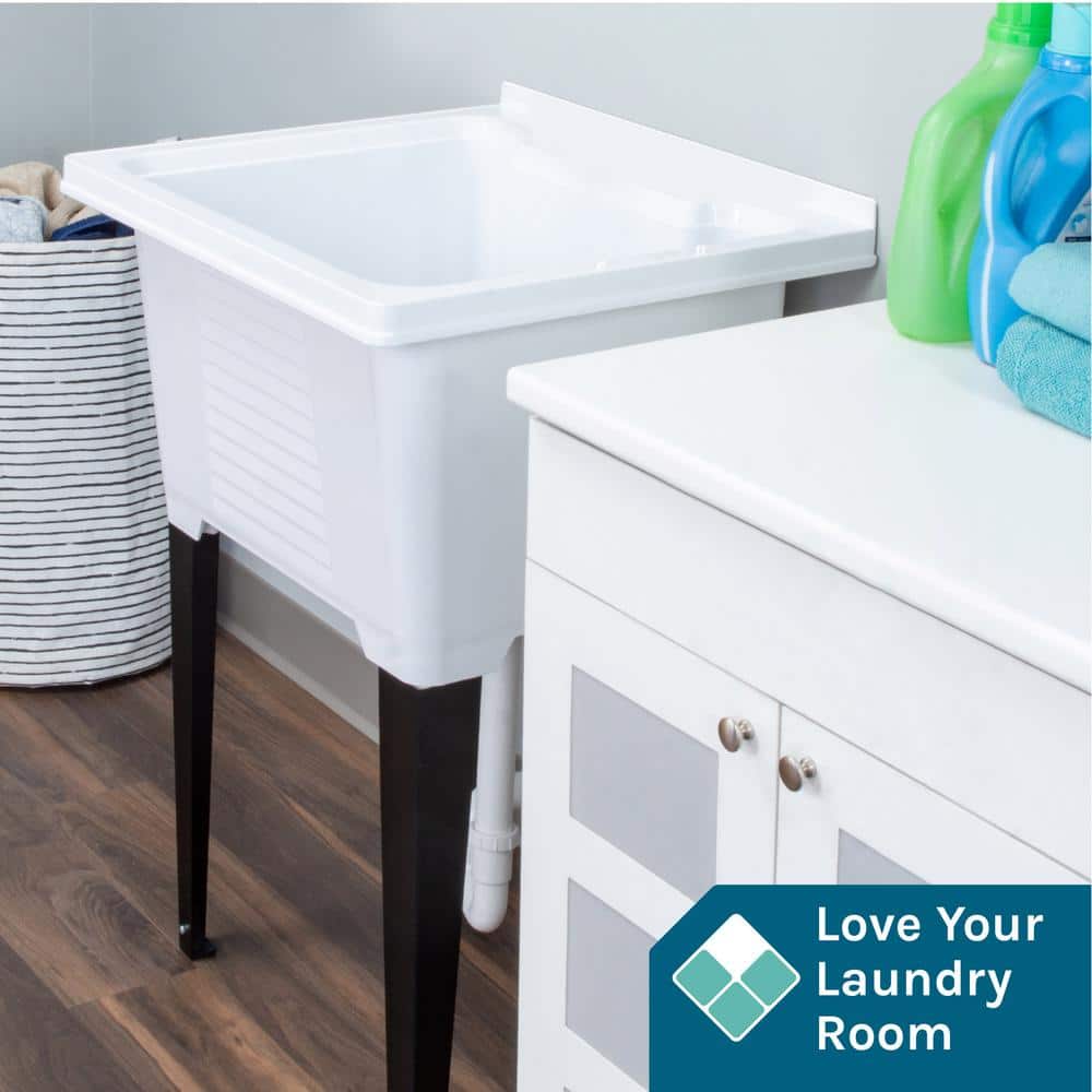 TEHILA 25 in. x 21.5 in. ABS Plastic Freestanding Utility Sink - White with Black Metal Legs and P-Trap Kit
