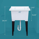 TEHILA 25 in. x 21.5 in. ABS Plastic Freestanding Utility Sink - White with Black Metal Legs and P-Trap Kit