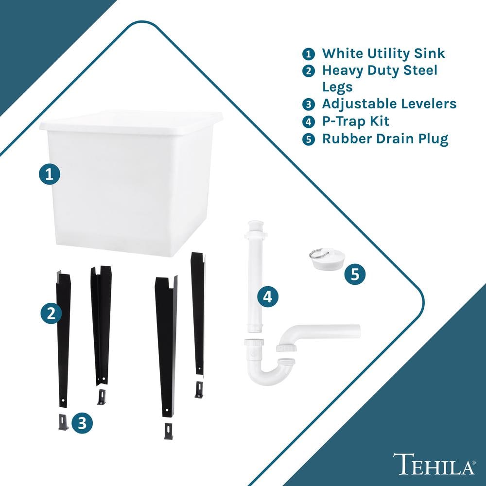 TEHILA Space Saver Freestanding Utility Sink - White Thermoplastic with Black Metal Legs