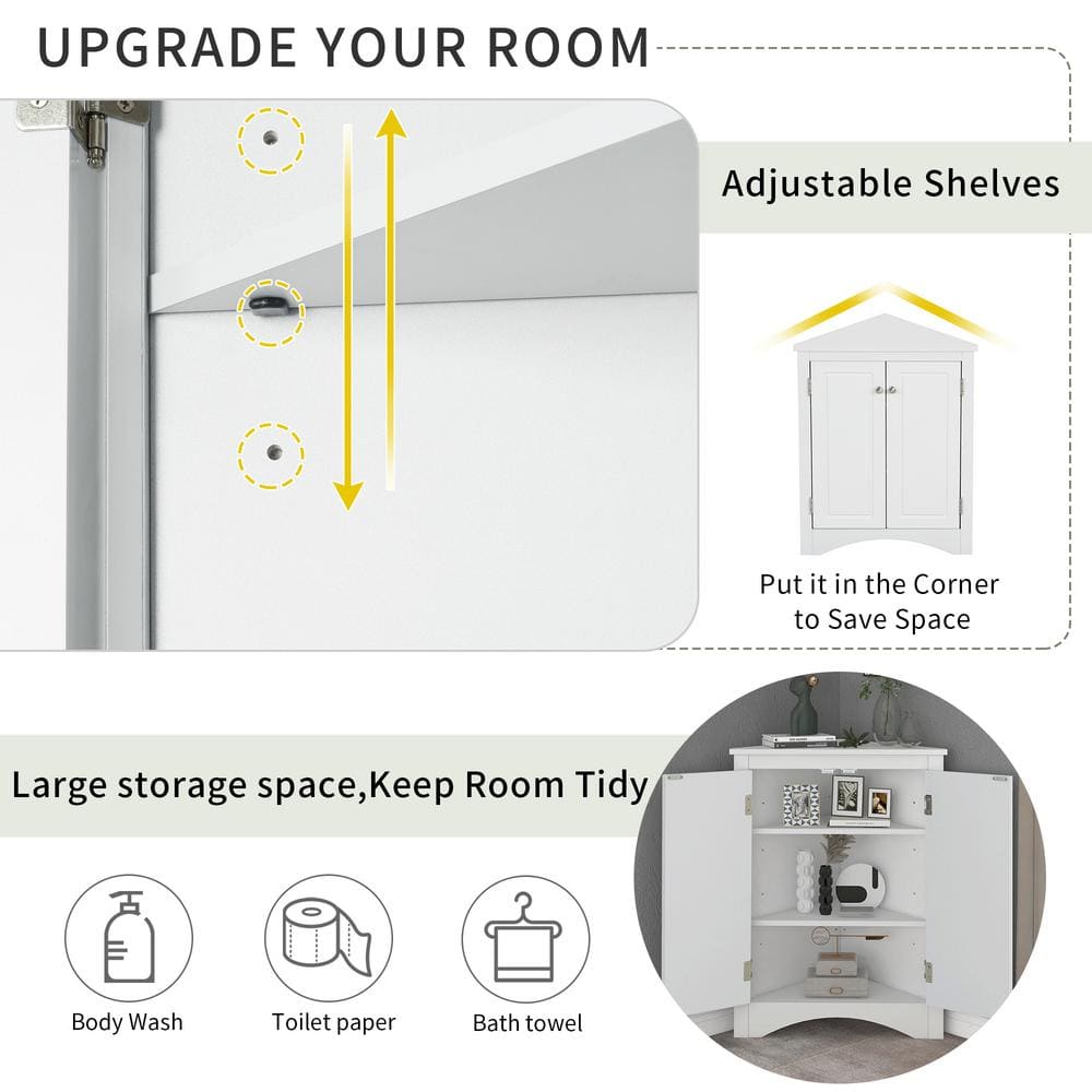 Tileon 23.6-in. W x 17.2-in. D x 31.5-in. H in White MDF Ready to Assemble Floor Corner Kitchen Cabinet with Adjustable Shelves