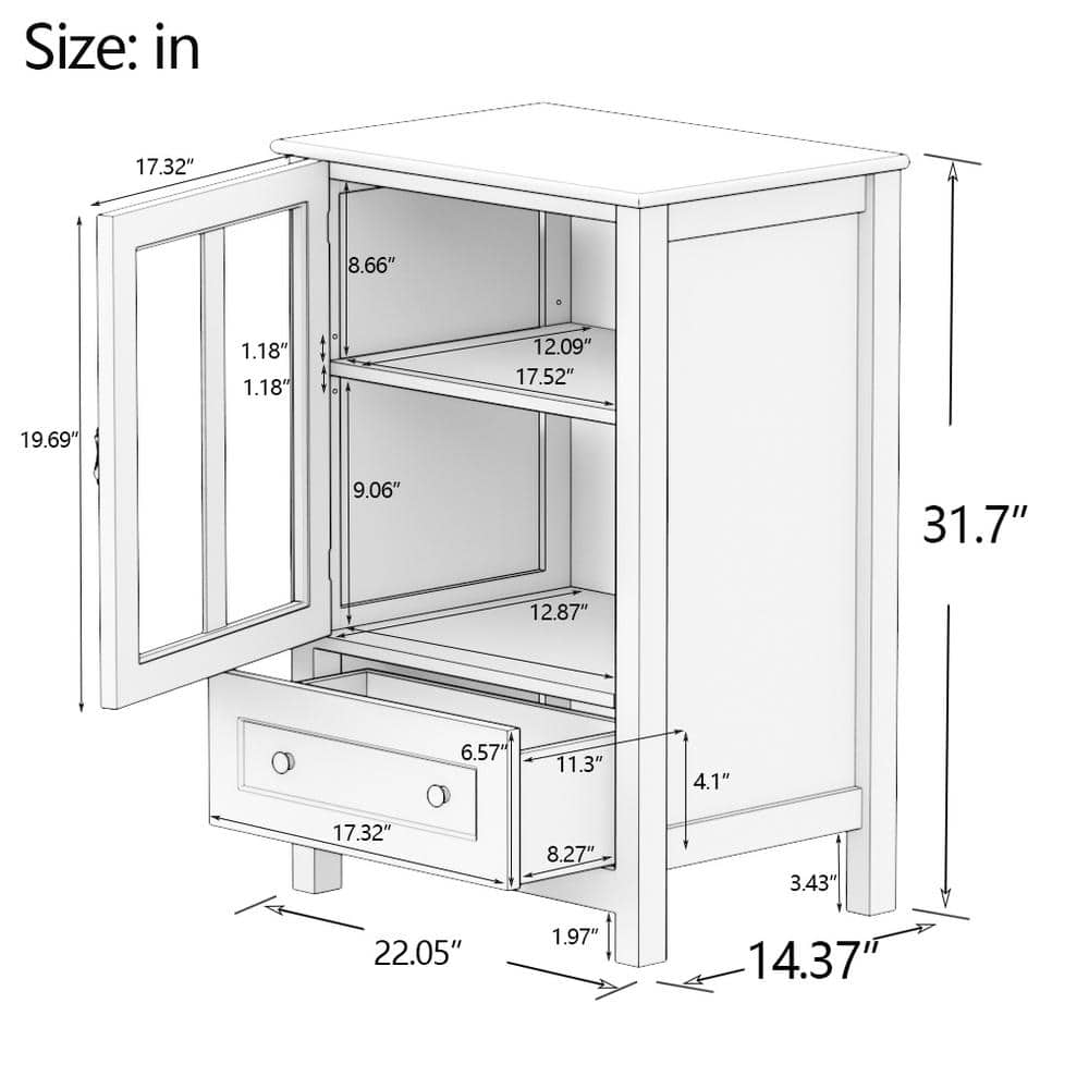 Tileon 22 in. W x 14.4 in. D x 31.7 in. H White Single Glass Doors Corner Kitchen Cabinet Buffet Ready to Assemble cabinet