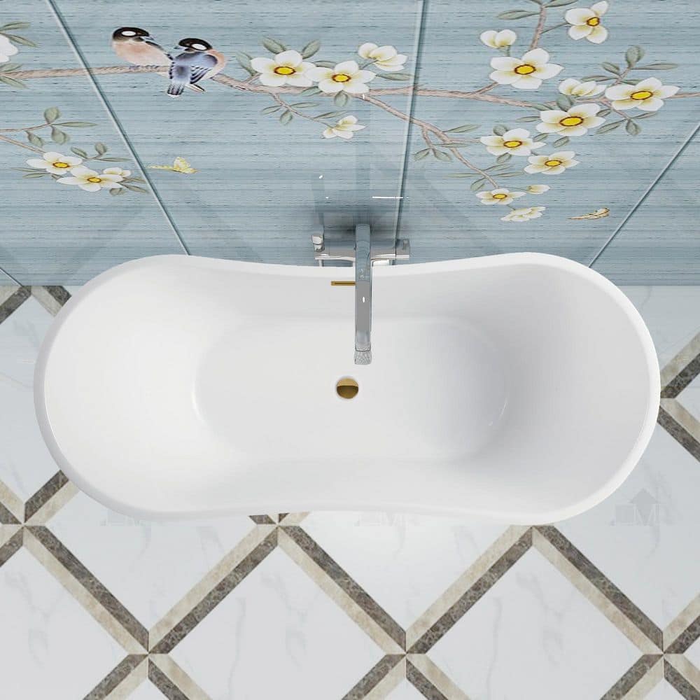 Vanity Art 71 in. Acrylic Flatbottom Freestanding Bathtub in White/Titanium Gold