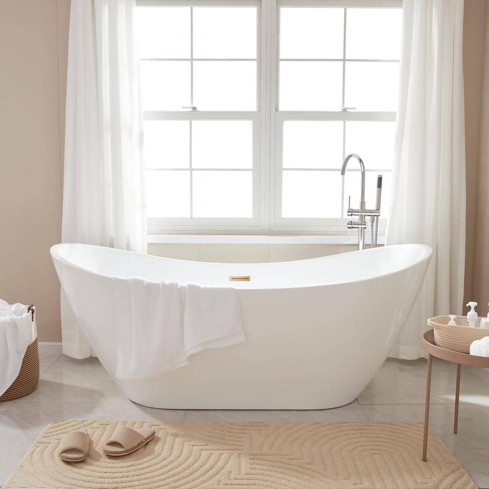 Vanity Art 71 in. Acrylic Flatbottom Freestanding Bathtub in White/Titanium Gold
