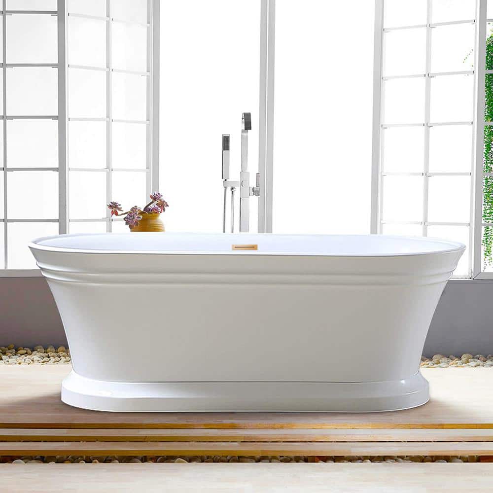 Vanity Art Versailles 67 in. x 31 in. Acrylic Freestanding Soaking Bathtub with Center Drain in White/Titanium Gold