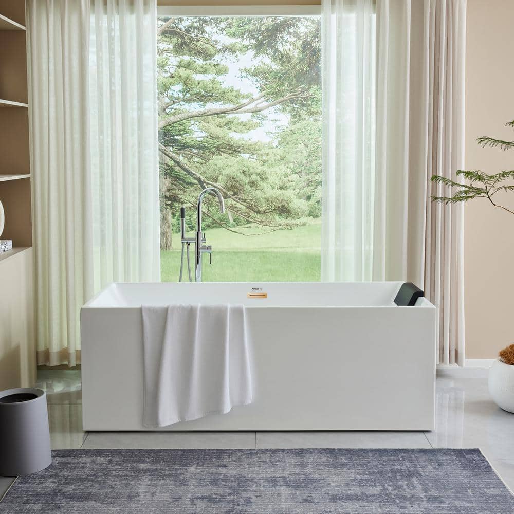 Vanity Art Talence 59 in. Acrylic Flatbottom Freestanding Bathtub in White/Titanium Gold