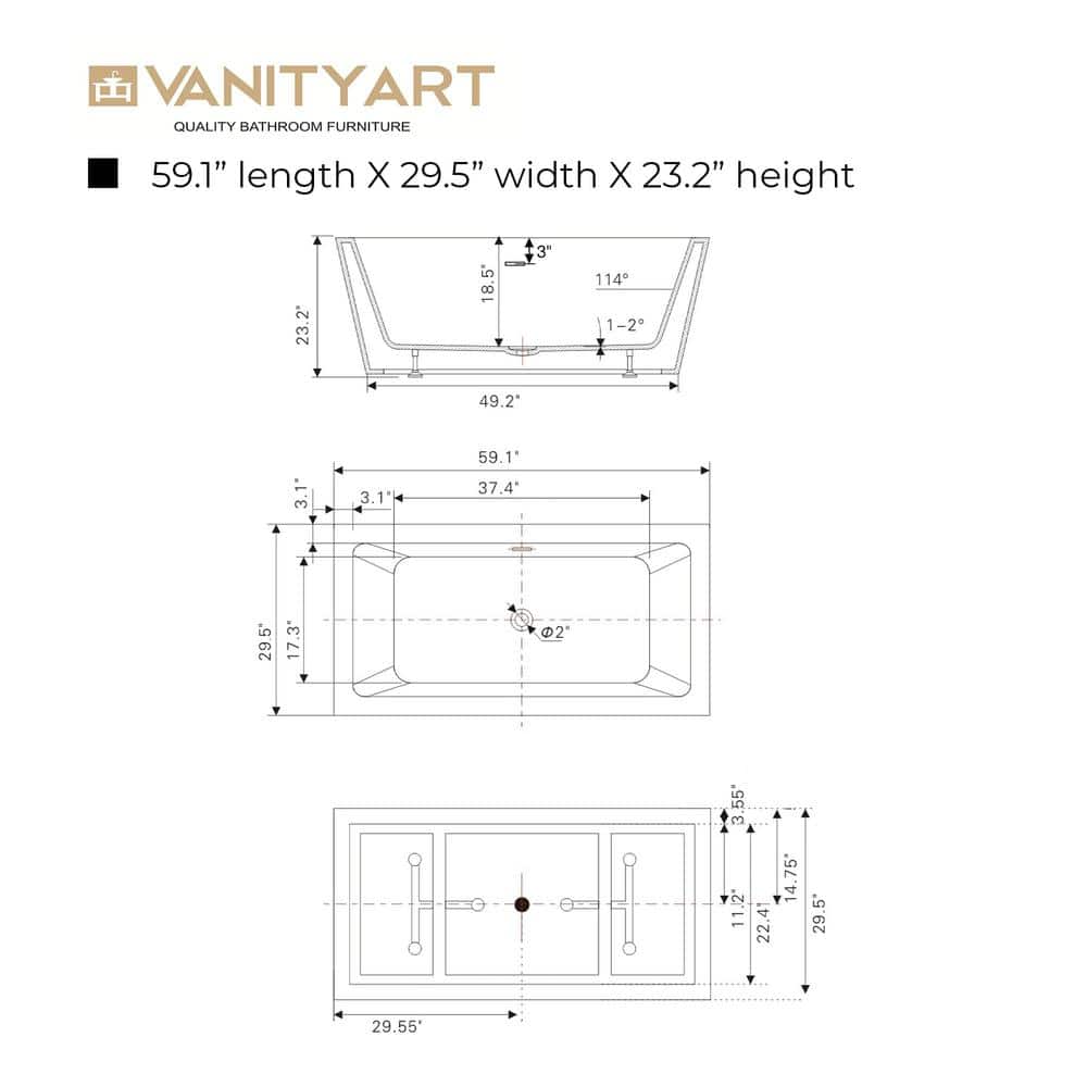 Vanity Art Tarbes 59 in. Acrylic Flatbottom Freestanding Bathtub in White/Titanium Gold