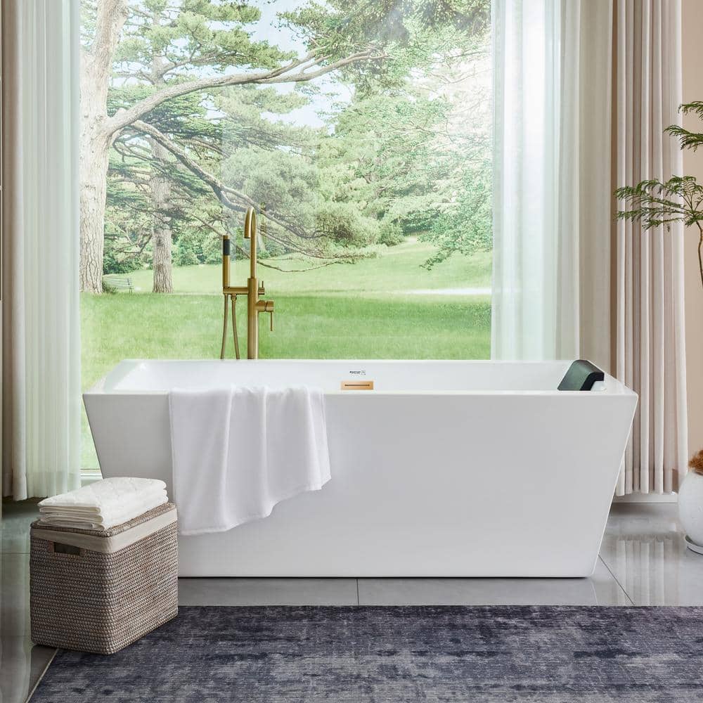 Vanity Art Tarbes 59 in. Acrylic Flatbottom Freestanding Bathtub in White/Titanium Gold