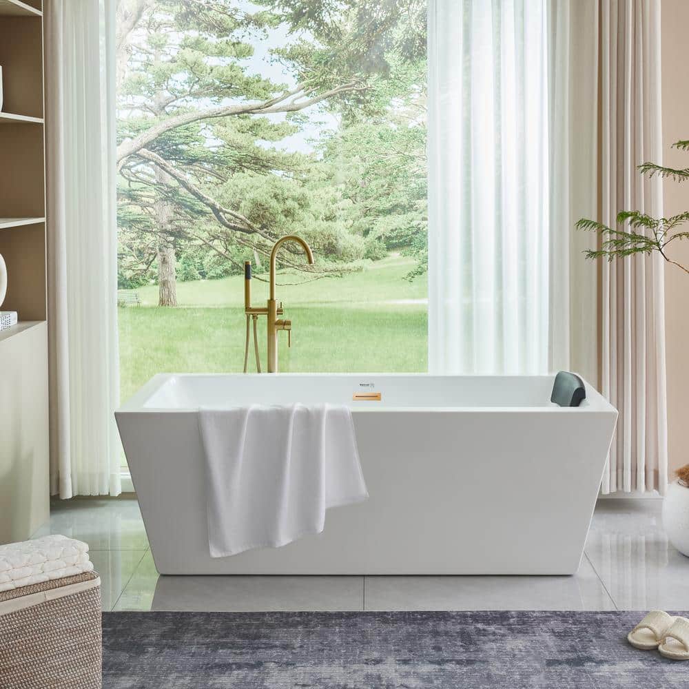 Vanity Art Tarbes 59 in. Acrylic Flatbottom Freestanding Bathtub in White/Titanium Gold