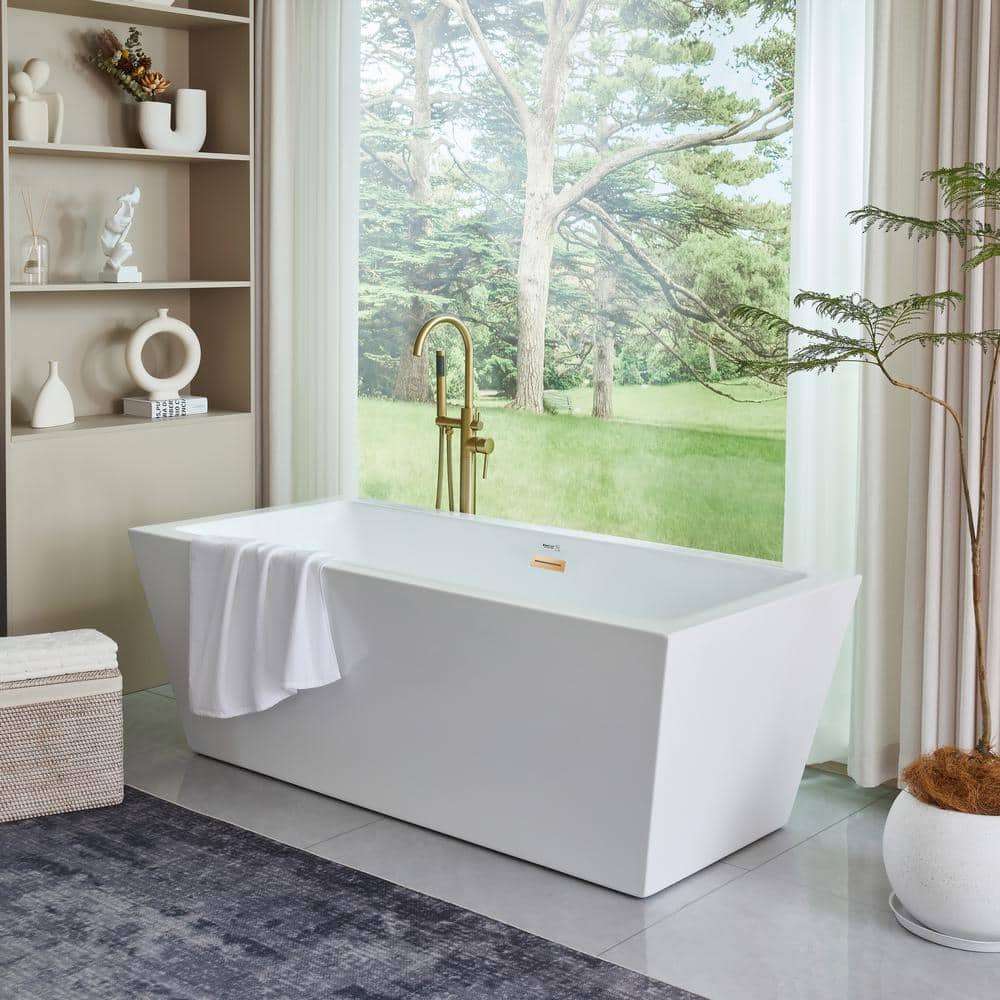 Vanity Art Tarbes 59 in. Acrylic Flatbottom Freestanding Bathtub in White/Titanium Gold