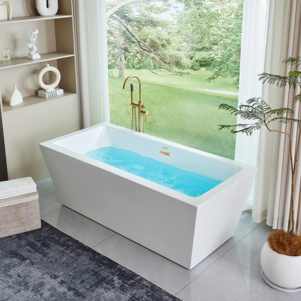 Vanity Art Tarbes 59 in. Acrylic Flatbottom Freestanding Bathtub in White/Titanium Gold