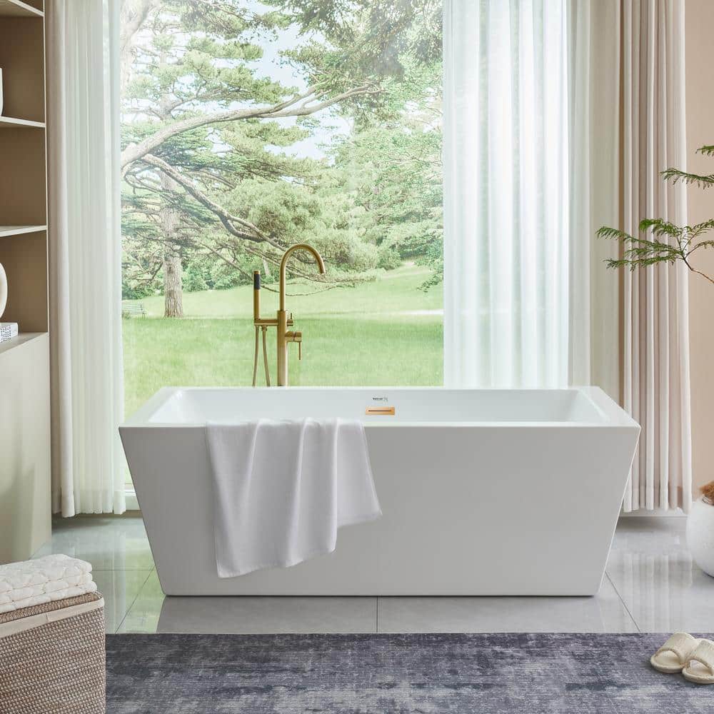 Vanity Art Tarbes 59 in. Acrylic Flatbottom Freestanding Bathtub in White/Titanium Gold