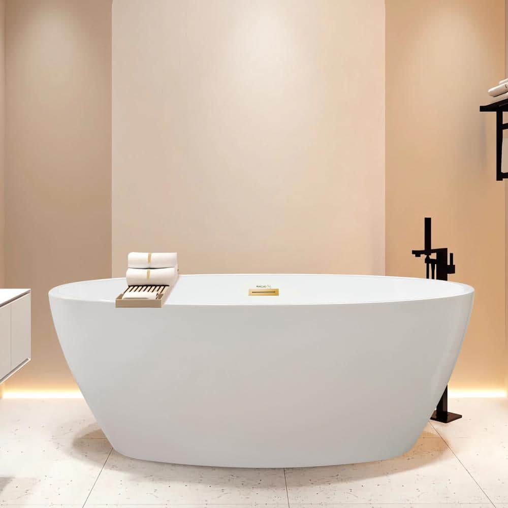 Vanity Art Amiens 69 in. x 40 in. Acrylic Flatbottom Freestanding Soaking Bathtub with Center Drain in White/Titanium Gold