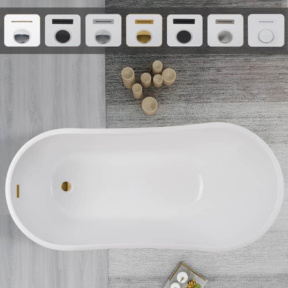 Vanity Art Clermont 59 in. Acrylic Freestanding Flatbottom Bathtub in White/Titanium Gold