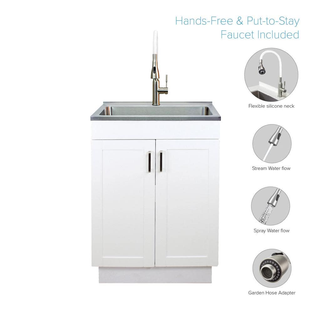 Transolid Stainless Steel Laundry Sink and Wood Cabinet with Faucet, White