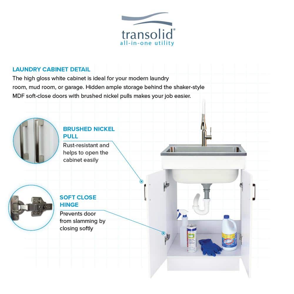 Transolid Stainless Steel Laundry Sink and Wood Cabinet with Faucet, White