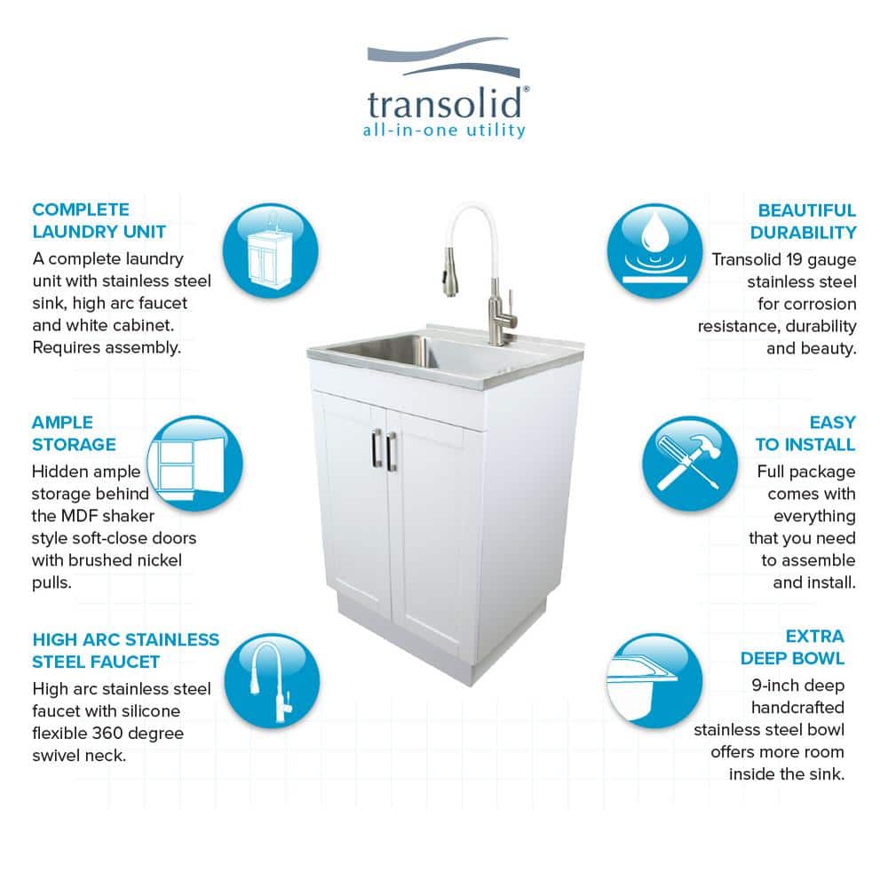 Transolid Stainless Steel Laundry Sink and Wood Cabinet with Faucet, White