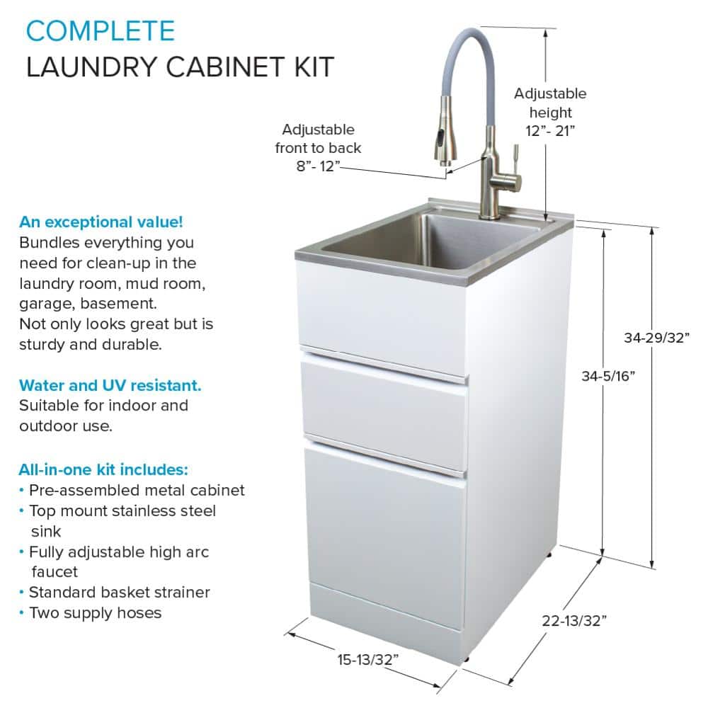Transolid All-in-One 15.5 in. x 22.4 in. x 34.9 in. Metal Drop-In Laundry/Utility Sink and Cabinet in White