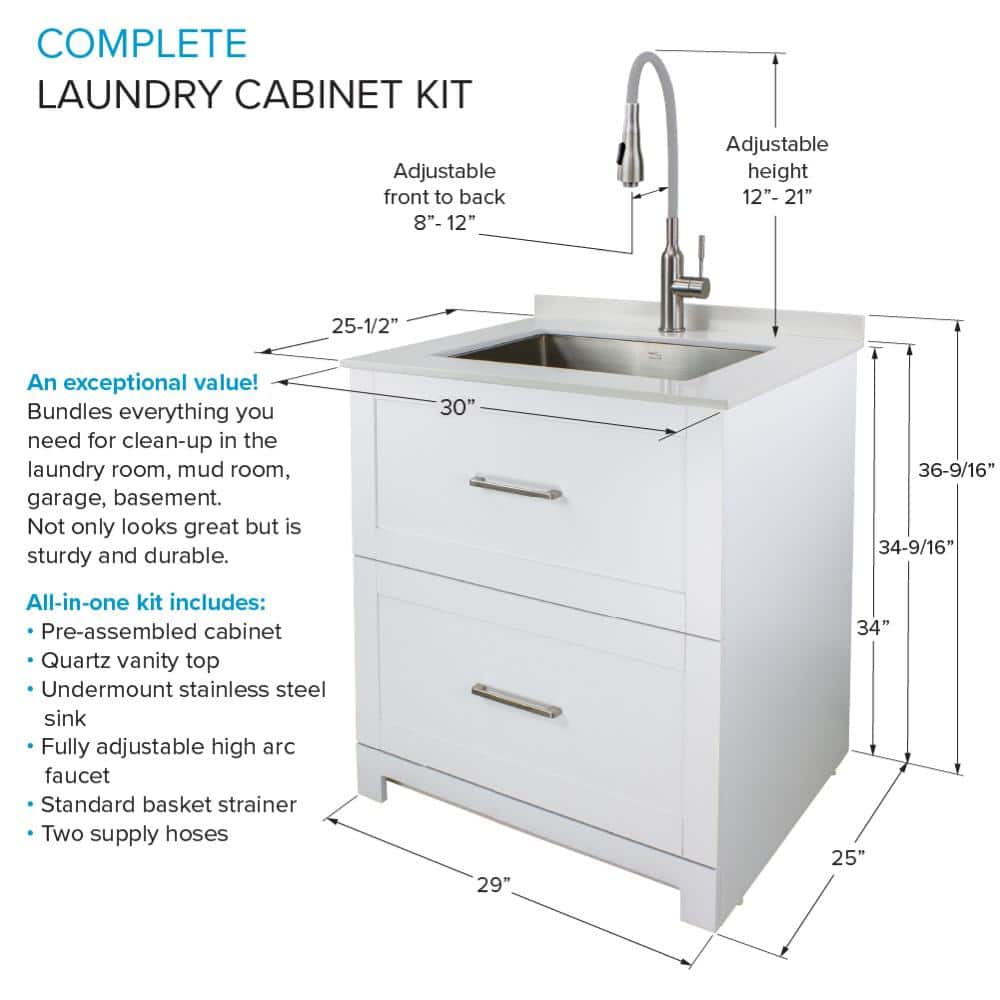 Transolid All-in-One 29" x 25.5" Stainless Steel Quartz Undermount Laundry Sink Cabinet with Faucet