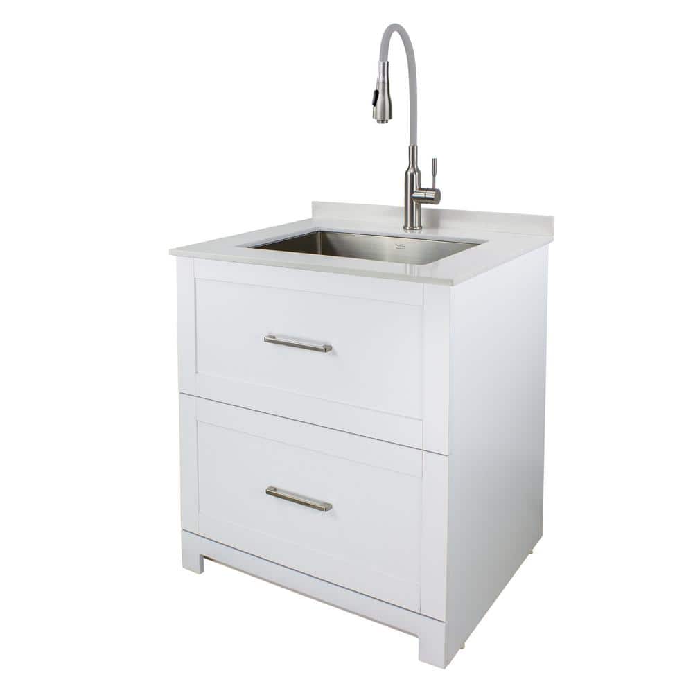 Transolid All-in-One 29 in. W x 25.5 in. D Stainless Steel Undermount Laundry/Utility Sink and White Cabinet with Quartz Top and Faucet