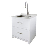 Transolid All-in-One 29 in. W x 25.5 in. D Stainless Steel Undermount Laundry/Utility Sink and White Cabinet with Quartz Top and Faucet