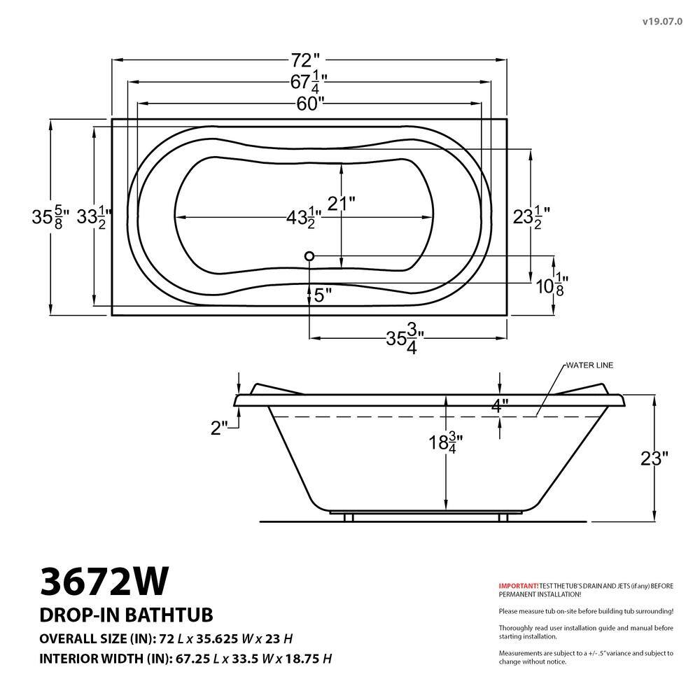 Universal Tubs Star 6 ft. Rectangular Drop-in Whirlpool and Air Bath Tub in White, 72 x 35.625 x 23 in