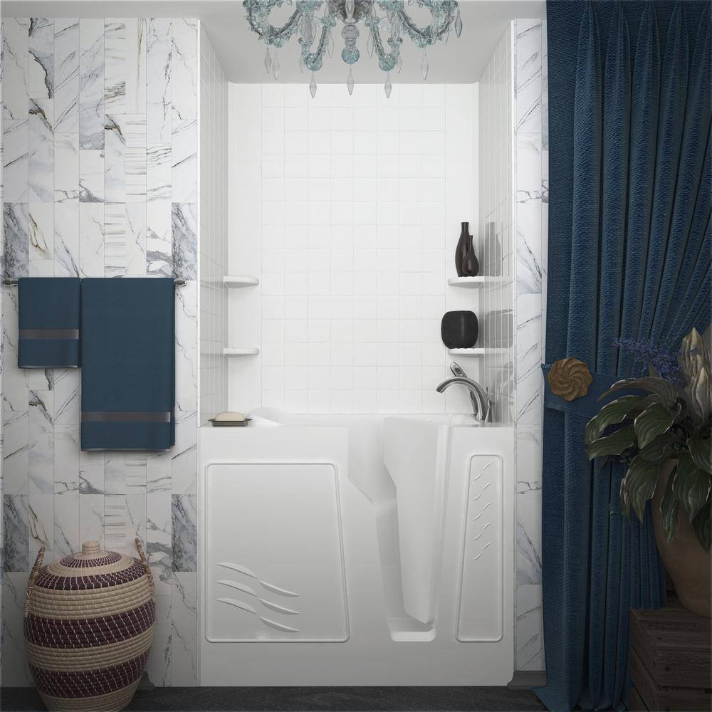 Universal Tubs Rampart 3.9 ft. Walk-in Whirlpool and Air Bathtub with 4 in. Tile Easy Up Adhesive Wall Surround, Right Drain, White