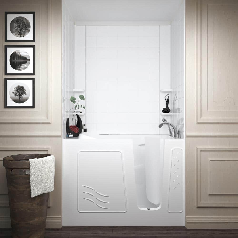 Universal Tubs Rampart Nova Heated 4.5 ft. Walk-in Whirlpool and Air Bathtub with 6 in. Tile Easy Up Adhesive Wall Surround in White