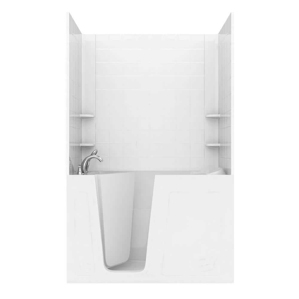 Universal Tubs Rampart 5 ft. Walk-in Whirlpool and Air Bathtub with 6 in. Tile Easy Up Adhesive Wall Surround in White