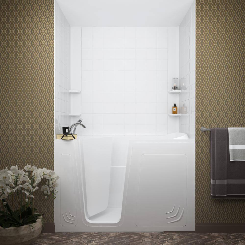 Universal Tubs Rampart 5 ft. Walk-in Whirlpool and Air Bathtub with 6 in. Tile Easy Up Adhesive Wall Surround in White