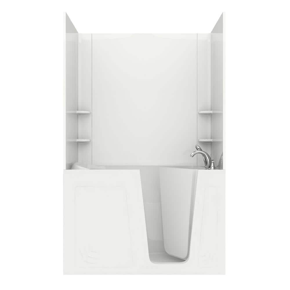 Universal Tubs Rampart 5 ft. Walk-in Whirlpool and Air Bathtub with Flat Easy Up Adhesive Wall Surround, Right Drain, White