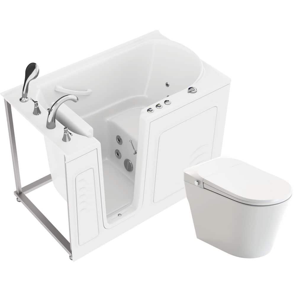Universal Tubs 52.8 in. Walk-In Whirlpool Bathtub in White with 1.6 GPF Smart Toilet Combo, Left Drain
