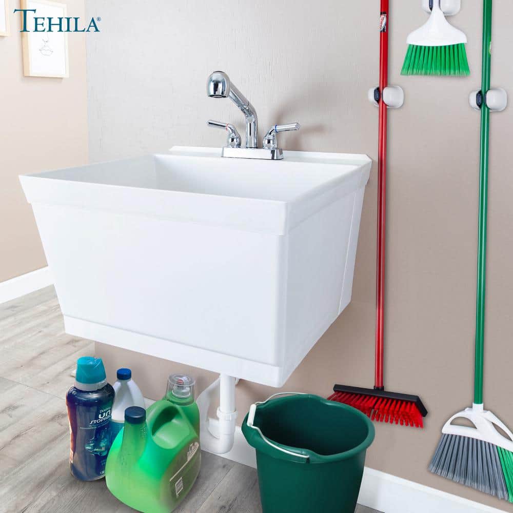 TEHILA 23.5 in. x 22.88 in. White Wall Mounted Utility Sink with Chrome Pull-out Sprayer