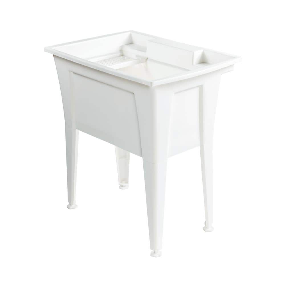 RUGGED TUB 32in. x 22in. Polyprop. White Freestanding Laundry/Utility Sink with 1-Handle Black Pullout Faucet and Installation Kit