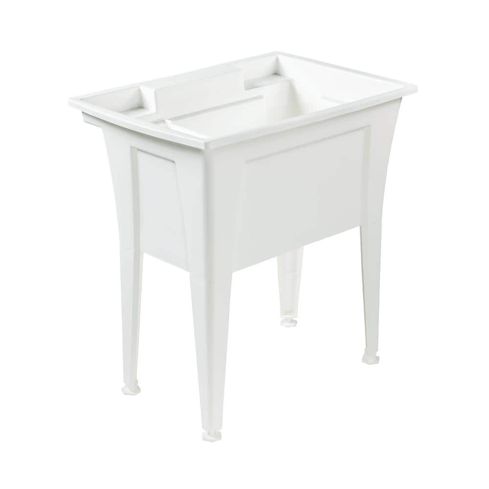 RUGGED TUB 32in. x 22in. Polyprop. White Freestanding Laundry/Utility Sink with 1-Handle Black Pullout Faucet and Installation Kit