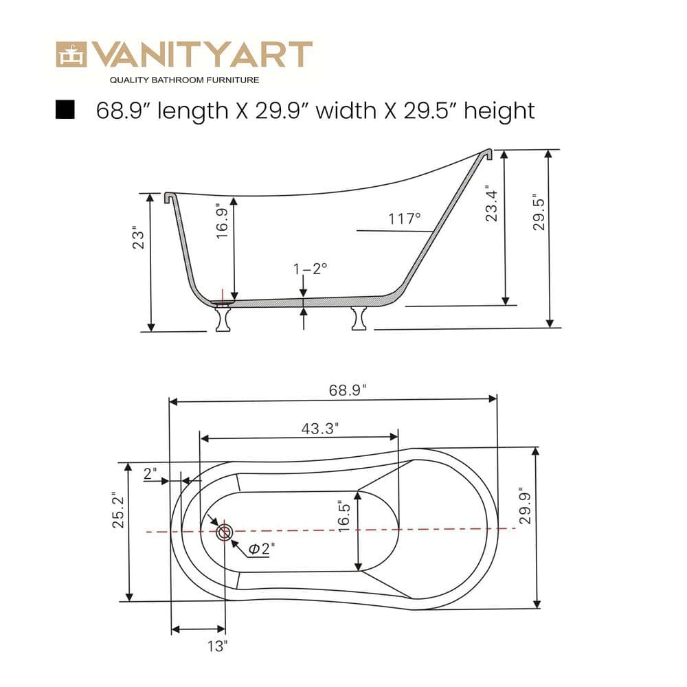 Vanity Art Pantin 69 in. Acrylic Clawfoot Freestanding Bathtub in White