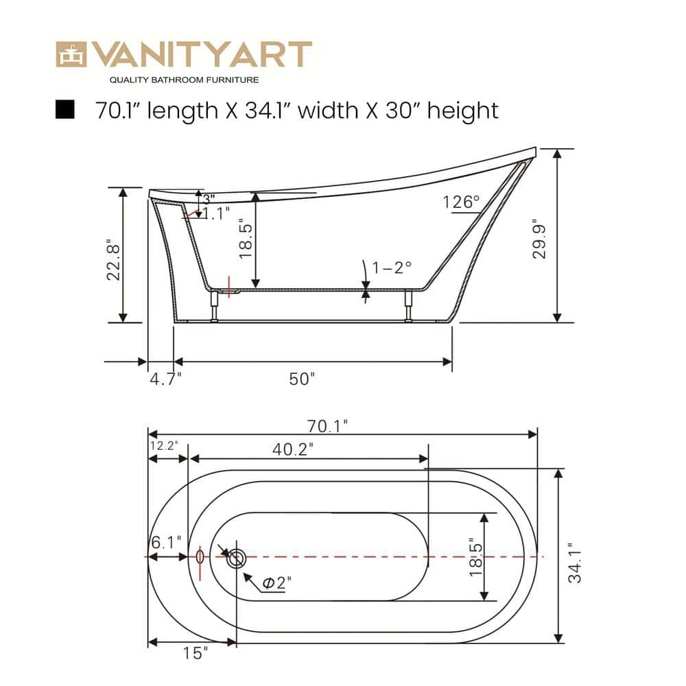 Vanity Art Nimes 70 in. Acrylic Flatbottom Left Bathtub in White