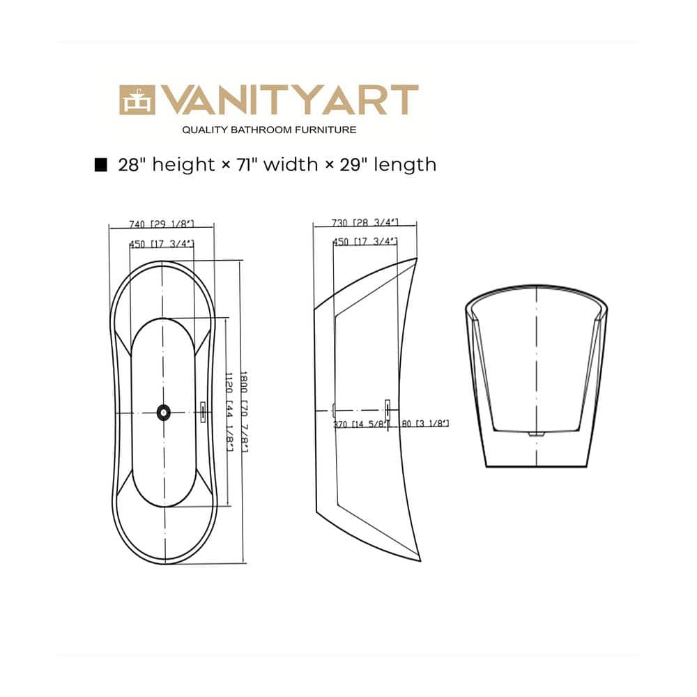 Vanity Art Reims 71 in. Acrylic Flatbottom Center Bathtub in White